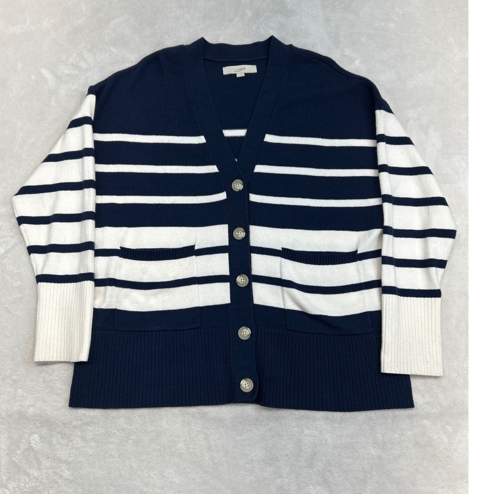 Loft Cardigan Women L Navy Blue‎ White Striped Button Front Pockets Nautical